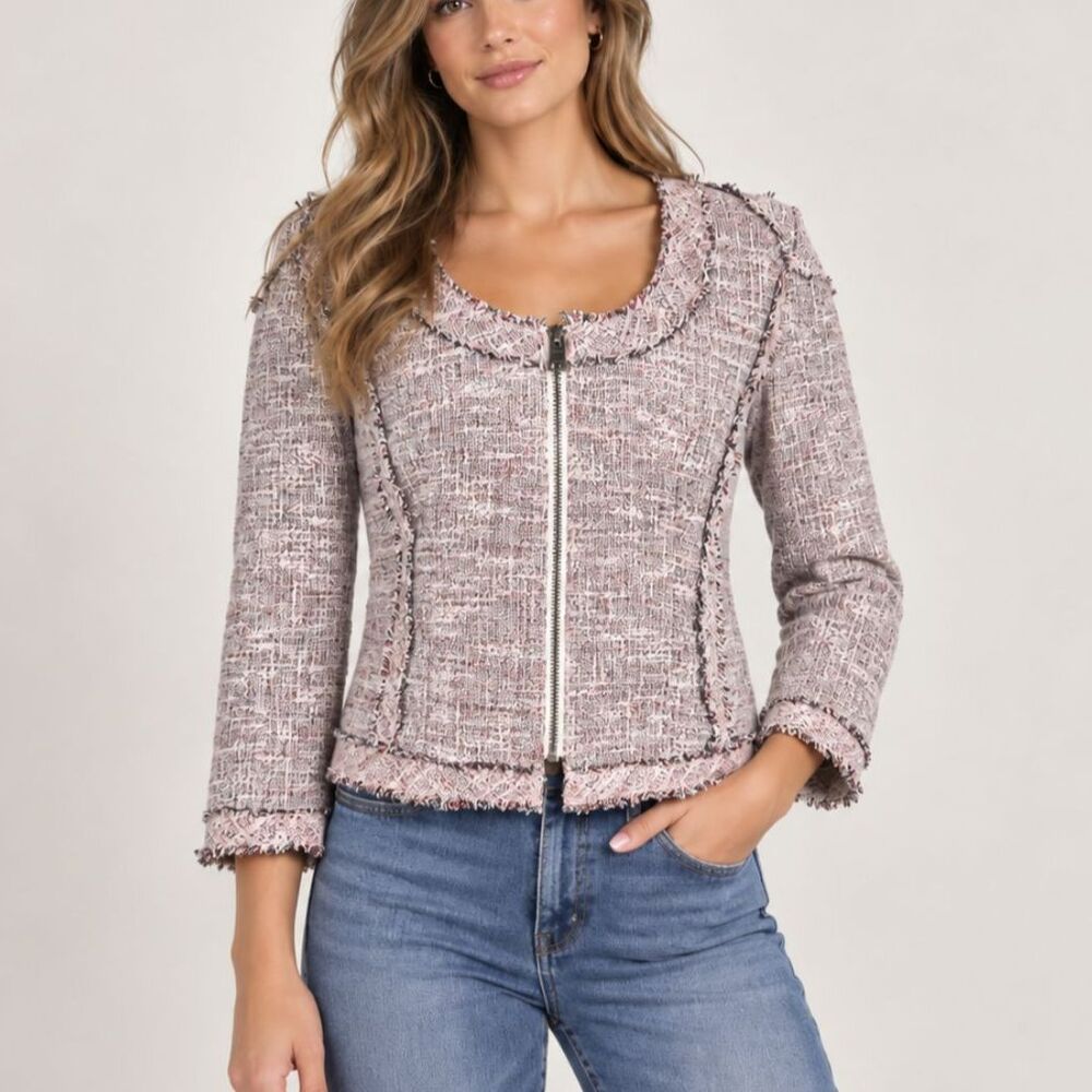Banana Republic Tweed Boucle Zip Jacket Blazer Raw Edge Preppy Linen Blend
